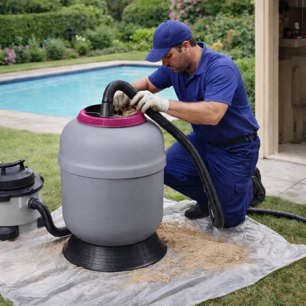 Technicien remplaçant le média filtrant d'un filtre à sable piscine.